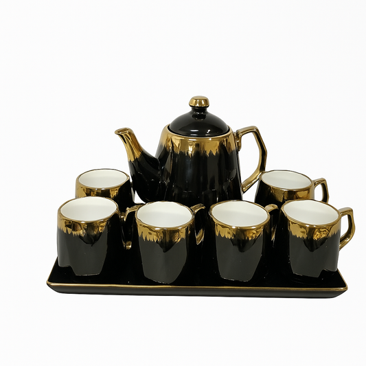 8-Piece Deluxe Ceramic Tea Set with Tray – Available in Blue, Green & Black | Gold-Rimmed Elegant Design