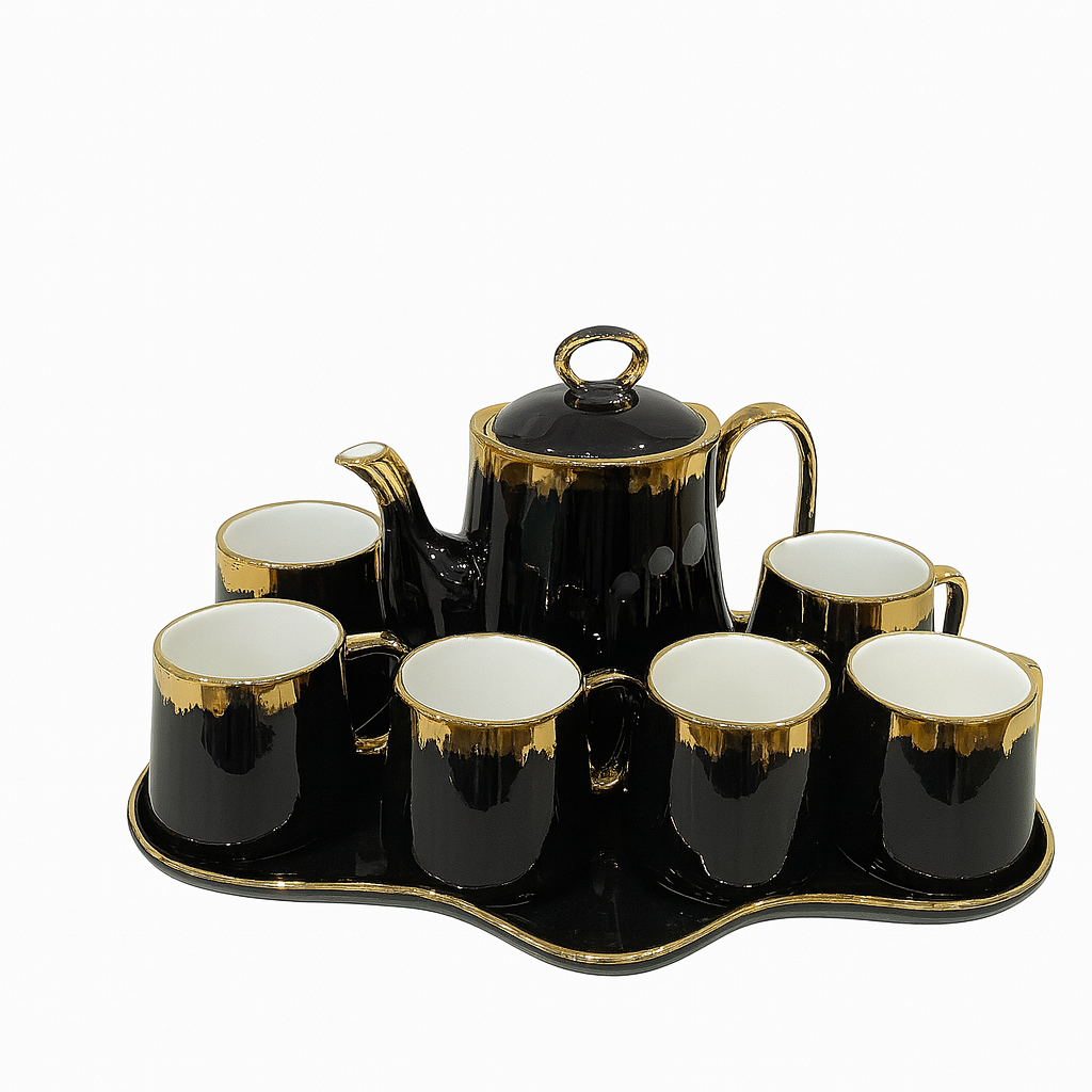 8-Piece Elegant Ceramic Tea Set with Tray – Available in Blue & Black | Luxury Gold-Trimmed Design