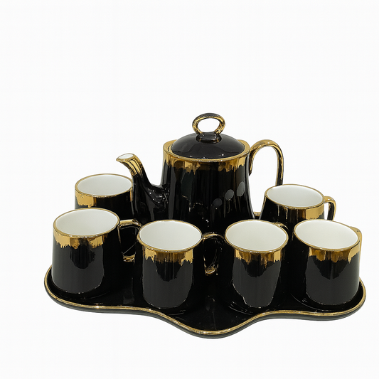 8-Piece Elegant Ceramic Tea Set with Tray – Available in Blue & Black | Luxury Gold-Trimmed Design