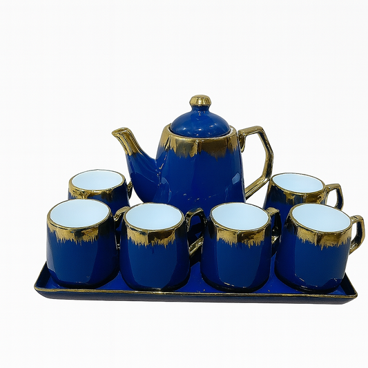 8-Piece Deluxe Ceramic Tea Set with Tray – Available in Blue, Green & Black | Gold-Rimmed Elegant Design