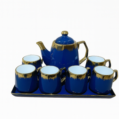 8-Piece Deluxe Ceramic Tea Set with Tray – Available in Blue, Green & Black | Gold-Rimmed Elegant Design