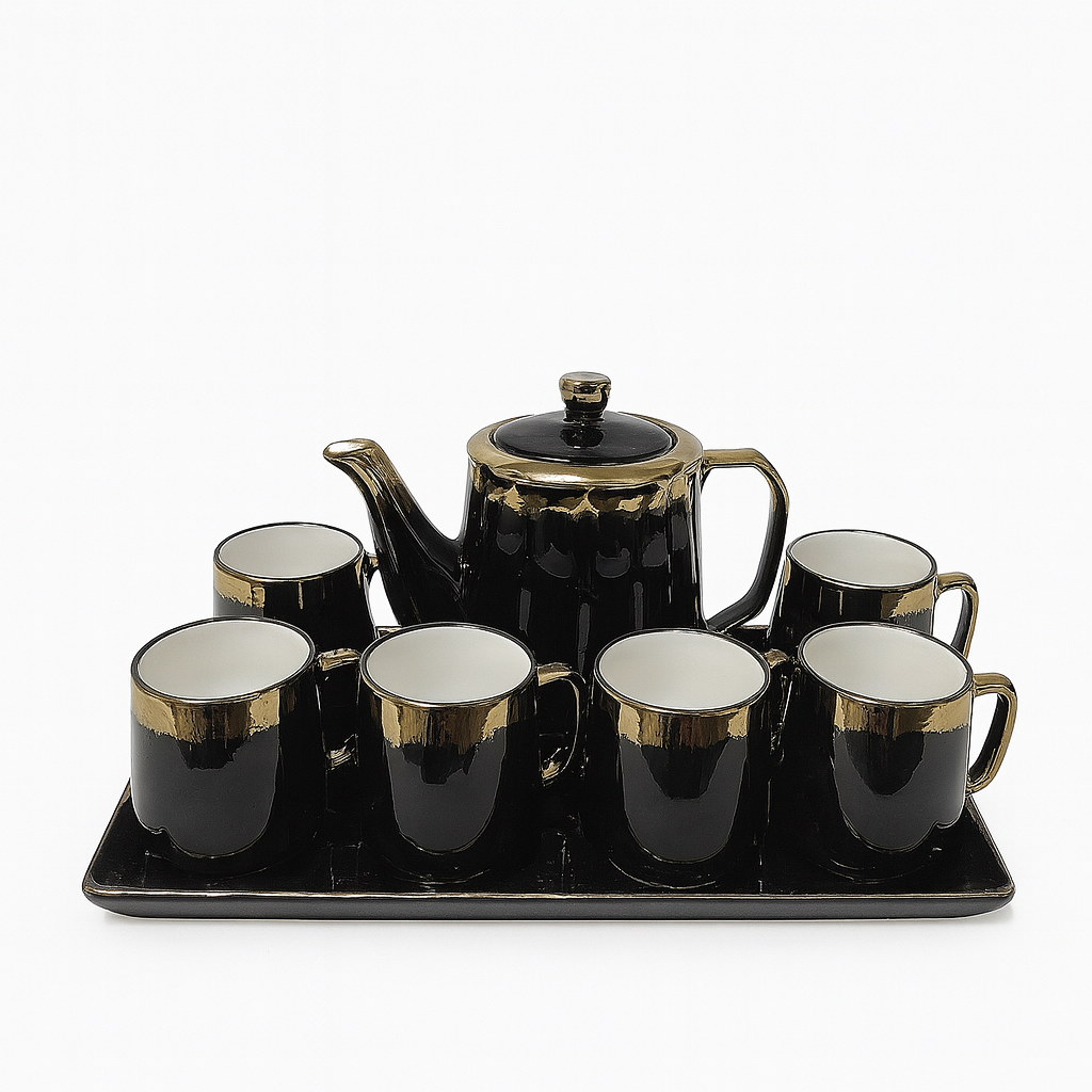 8-Piece Luxury Ceramic Tea Set with Tray – Available in Blue & Black | Gold-Trimmed Premium Design