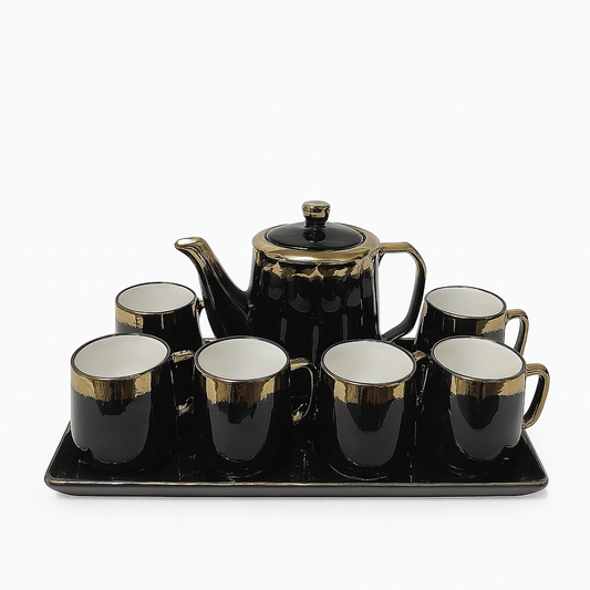 8-Piece Luxury Ceramic Tea Set with Tray – Available in Blue & Black | Gold-Trimmed Premium Design