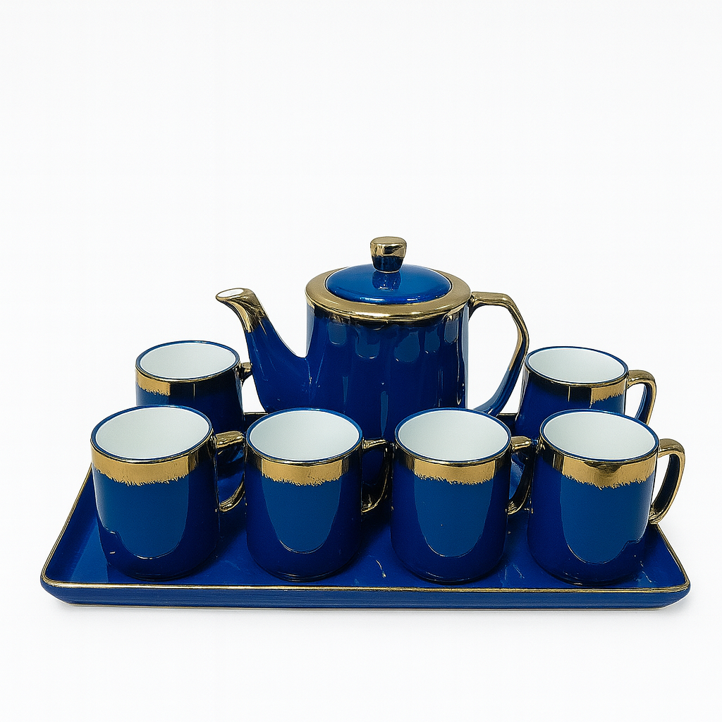 8-Piece Luxury Ceramic Tea Set with Tray – Available in Blue & Black | Gold-Trimmed Premium Design - Habitt