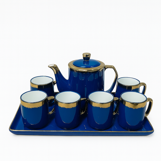 8-Piece Luxury Ceramic Tea Set with Tray – Available in Blue & Black | Gold-Trimmed Premium Design
