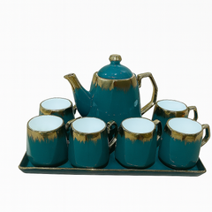 8-Piece Deluxe Ceramic Tea Set with Tray – Available in Blue, Green & Black | Gold-Rimmed Elegant Design