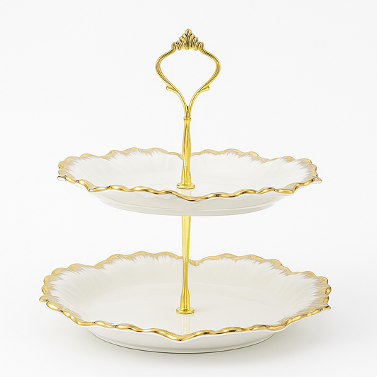 2-Tier Pastry Stand with Gold Trim – Elegant Dessert & Cupcake Display Tray