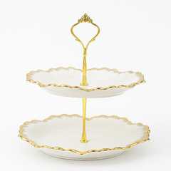 2-Tier Pastry Stand with Gold Trim – Elegant Dessert & Cupcake Display Tray