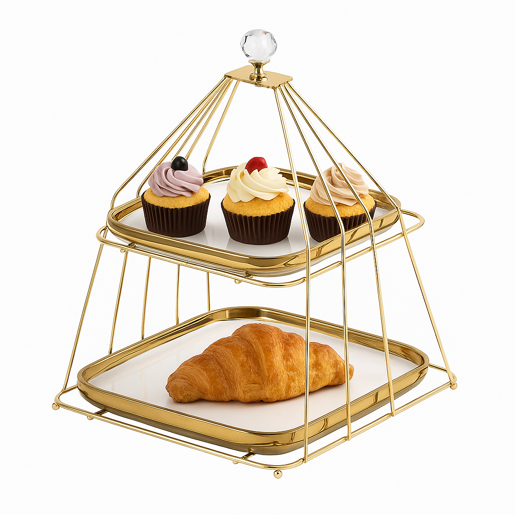2-Tier Gold Pastry Stand with Trays – Elegant Dessert & Snack Display Rack