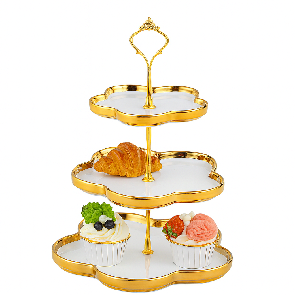 2 & 3-Tier Flower-Shaped Pastry Stand with Gold Trim – Elegant Dessert & Cupcake Display Tray