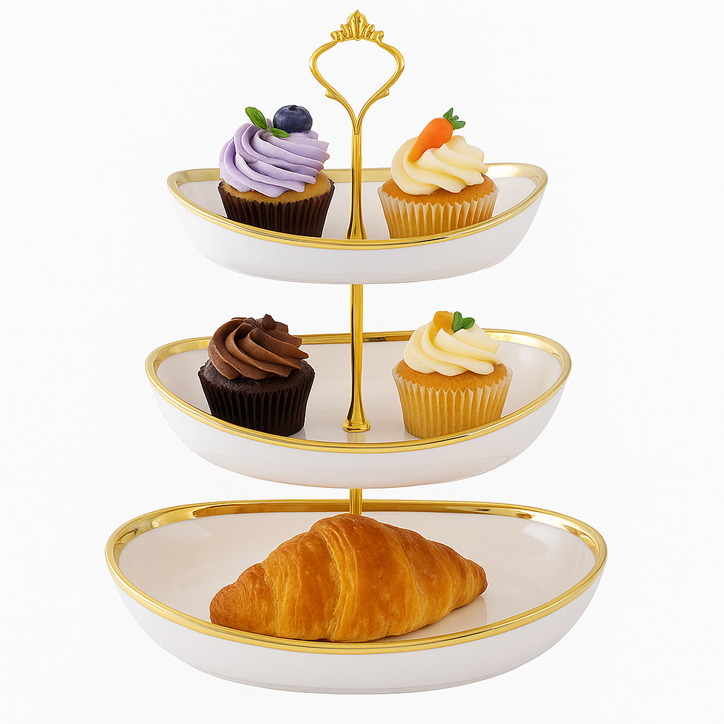 2 & 3-Tier Oval Pastry Stand with Gold Trim – Modern Dessert & Cupcake Display Tray