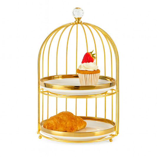 1 & 2-Tier Birdcage Style Gold Pastry Stand with Plate – Elegant Dessert & Cake Display