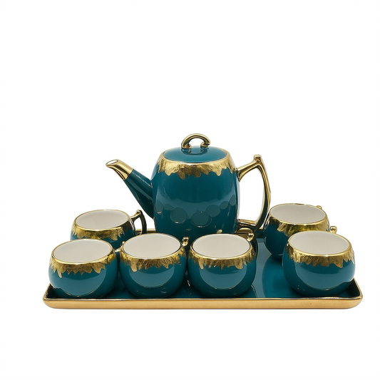 8-Piece Royal Ceramic Tea Set with Tray – Available in Blue & Green | Gold-Trimmed Luxury Design