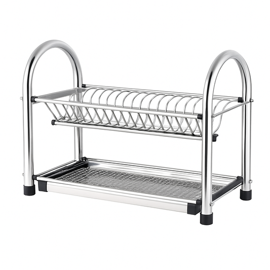 21-Inch Stainless Steel Double-Layer Plate Rack – Durable Dish Drying Stand with Cutlery Holder & Drain Tray