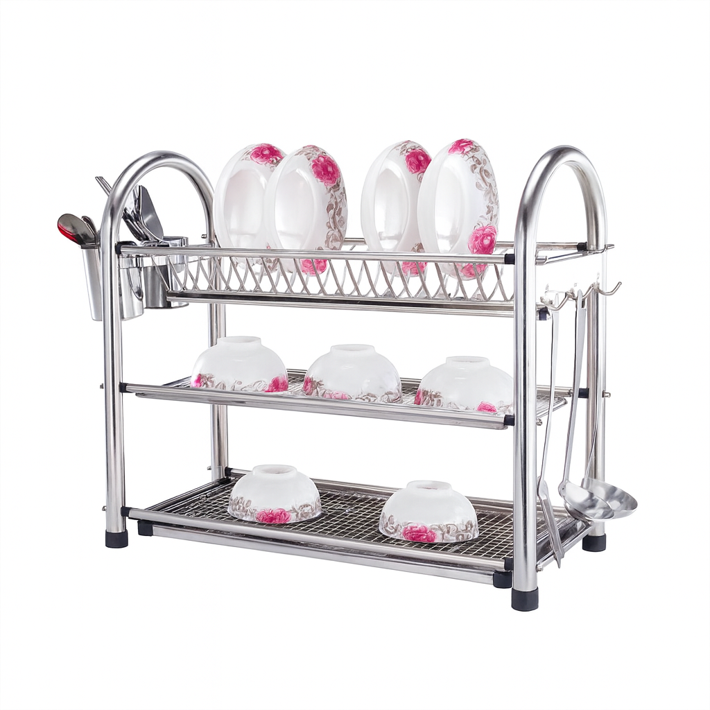 22-Inch Stainless Steel Three-Layer Plate Rack – Heavy-Duty Dish Drying Stand with Cutlery Holder & Drain Tray