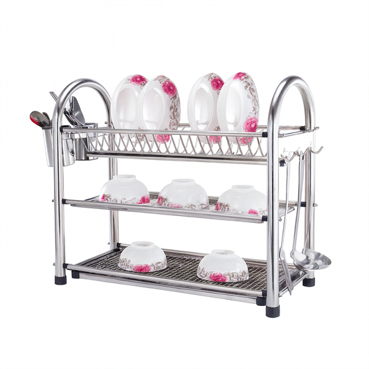 22-Inch Stainless Steel Three-Layer Plate Rack – Heavy-Duty Dish Drying Stand with Cutlery Holder & Drain Tray