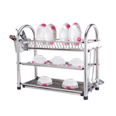 22-Inch Stainless Steel Three-Layer Plate Rack – Heavy-Duty Dish Drying Stand with Cutlery Holder & Drain Tray
