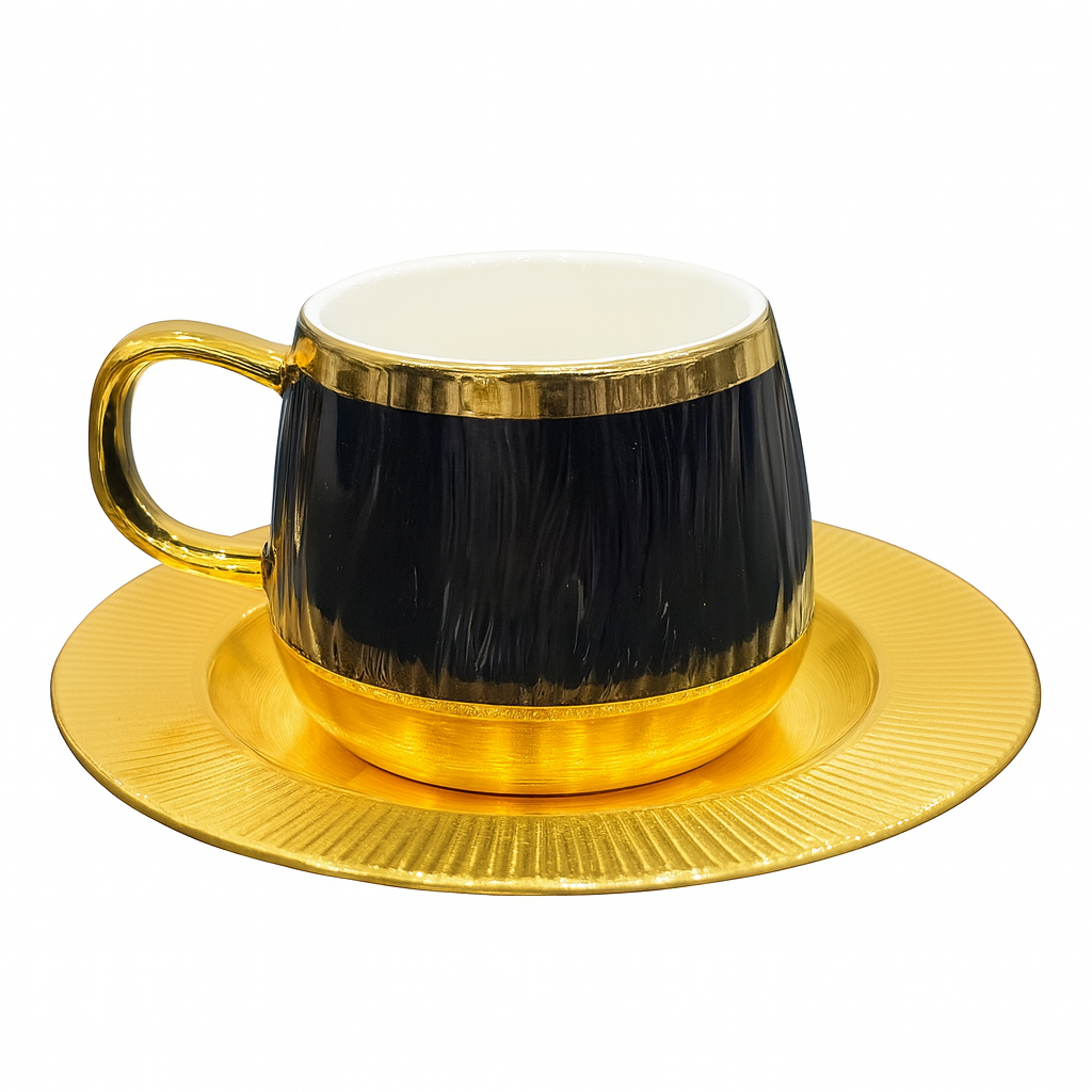 6Pc Cup & Saucer Luxury Half-Metal Ceramic Coffee Cup Set – Black & Gold, White & Gold with Matching Saucers