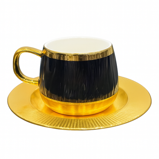 6Pc Cup & Saucer Luxury Half-Metal Ceramic Coffee Cup Set – Black & Gold, White & Gold with Matching Saucers