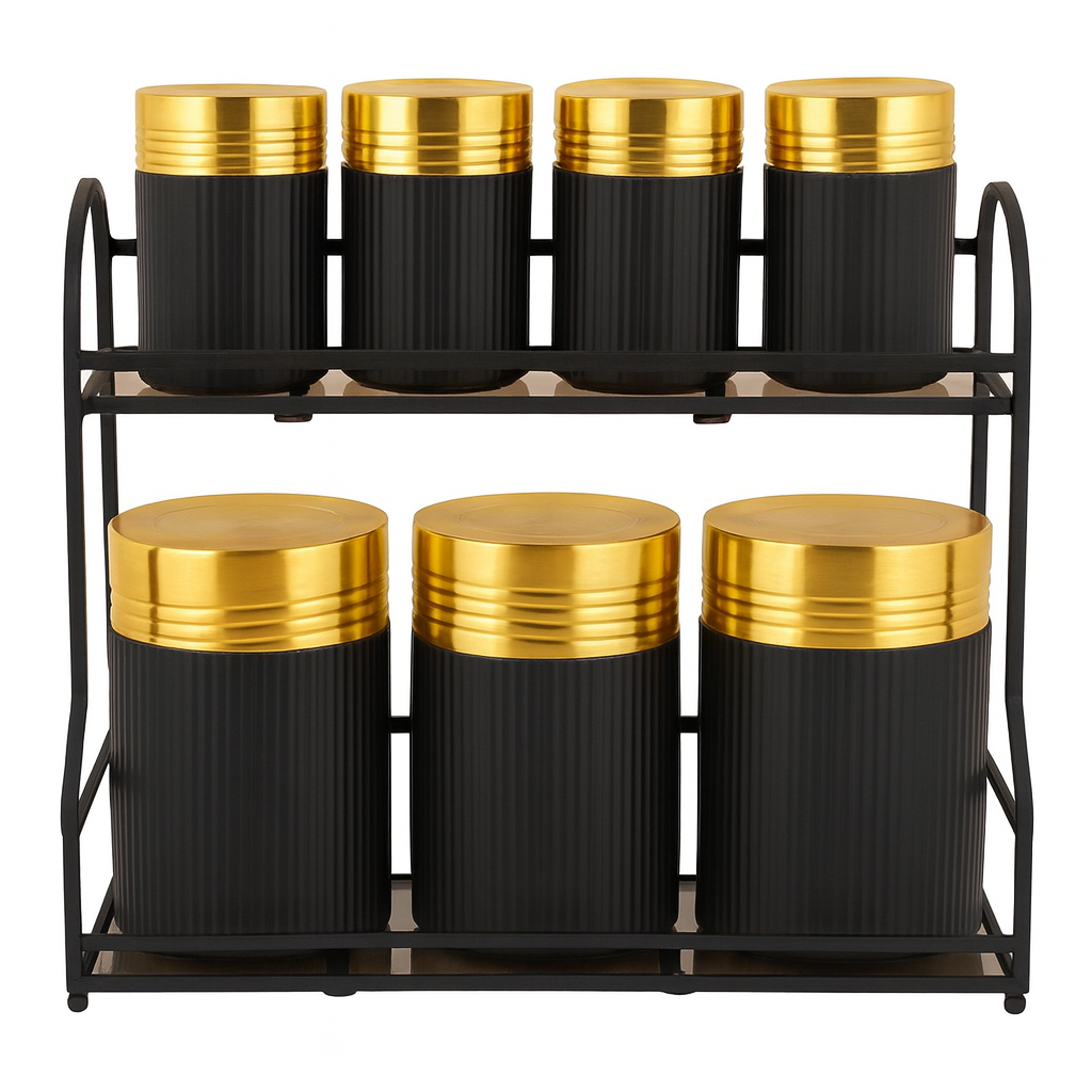 8-Piece Luxury Black & Gold Metal Spice Rack Set – Airtight Jars with Organizer Stand