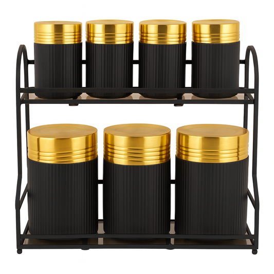 8-Piece Luxury Black & Gold Metal Spice Rack Set – Airtight Jars with Organizer Stand