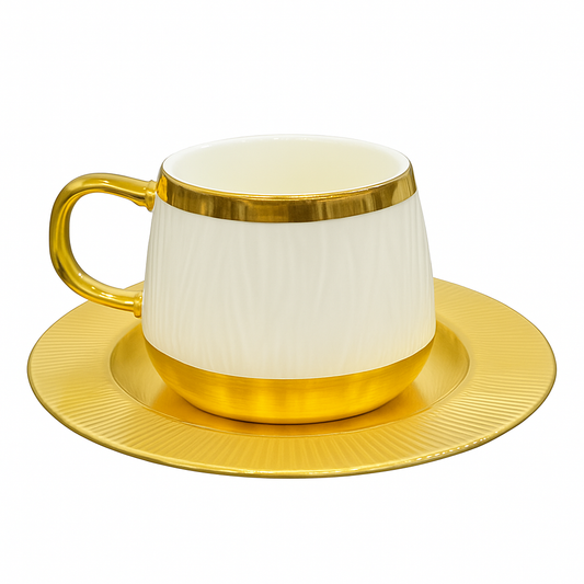 6Pc Cup & Saucer Luxury Half-Metal Ceramic Coffee Cup Set – Black & Gold, White & Gold with Matching Saucers