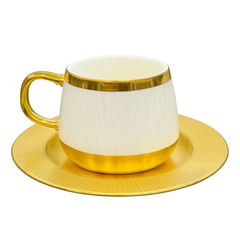 6Pc Cup & Saucer Luxury Half-Metal Ceramic Coffee Cup Set – Black & Gold, White & Gold with Matching Saucers