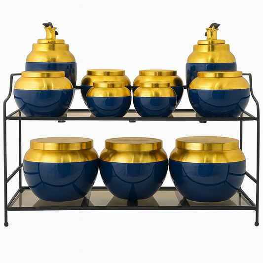 12-Piece Royal Blue & Gold Metal Spice Rack Set – Airtight Jars with Dual-Tier Organizer Stand