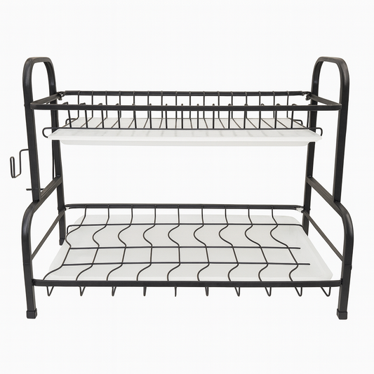 2-Tier Metal Plate Rack Stand – Heavy-Duty Black Dish Drying & Storage Organizer