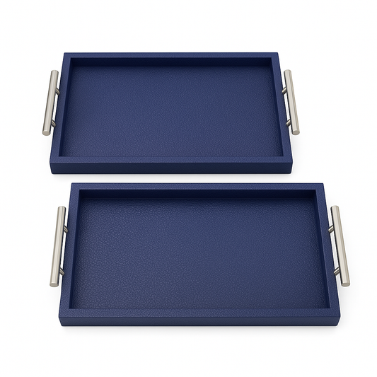 Luxury Blue Leather Serving Tray Set (2 Pieces) – Textured Finish with Metal Handles