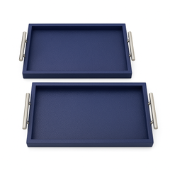 Luxury Blue Leather Serving Tray Set (2 Pieces) – Textured Finish with Metal Handles