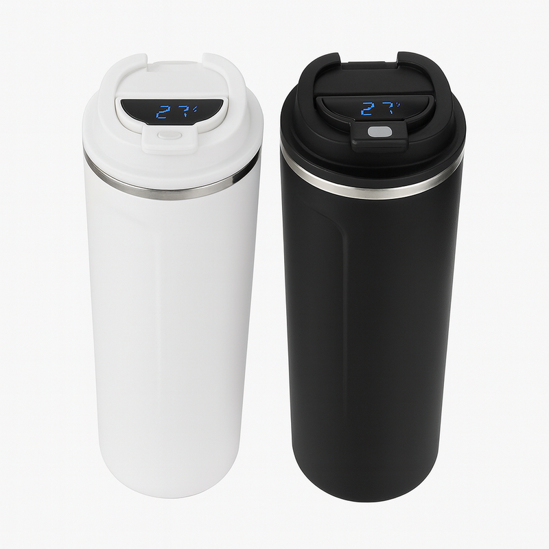 1Pc Smart Temperature Display Coffee Mug – White & Black Stainless Steel Thermal Flask with LED Screen - Habitt