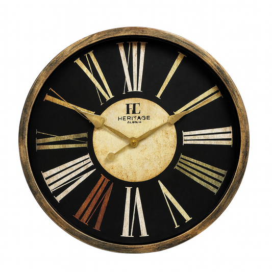 Heritage Oxford 14-Inch Classic Wall Clock – Black Vintage Roman Numeral Dial with Antique Gold Finish
