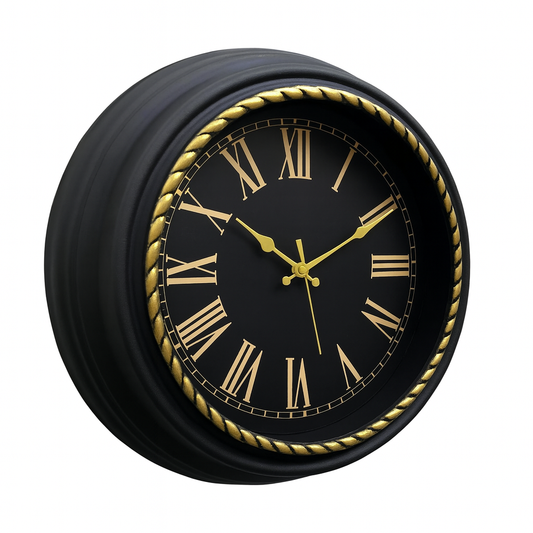 Titanic Wall Clock – Black & Gold Roman Numeral Design with Plastic Frame, Silent Quartz Movement