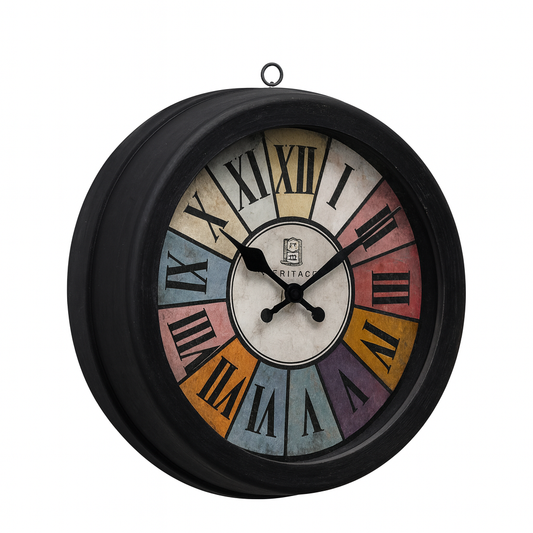 Squat Wall Clock – 10.75-Inch Vintage Multicolor Roman Numeral Wall Clock with Black Frame