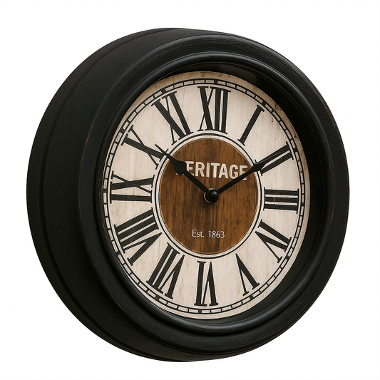 Squat Wall Clock – 10.75-Inch Heritage Roman Numeral Wall Clock with Black Frame and Wood Finish Dial