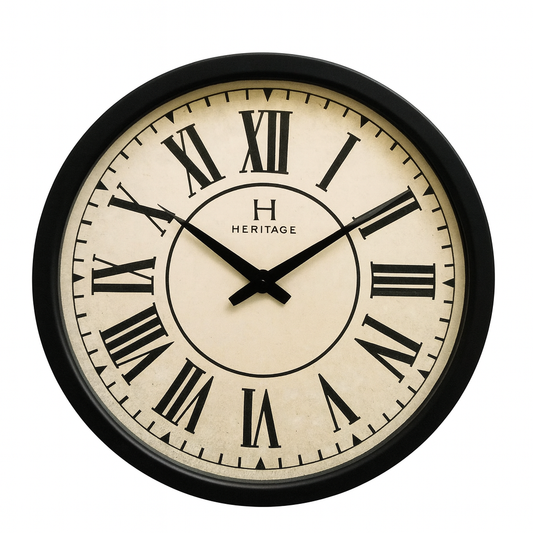 Heritage “Moon Time” Wall Clock 20" – Vintage Roman Numeral Design with Black Plastic Frame