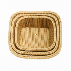3-Piece Handwoven Rectangular Cane Bread Basket Set – Natural Beige Rattan Serving Baskets for Dining, Kitchen & Café Use