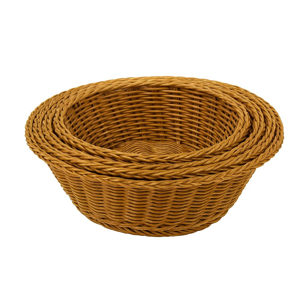 3-Piece Handwoven Round Cane Bread Basket Set – Natural Brown Rattan Serving Baskets for Dining, Kitchen & Café Use