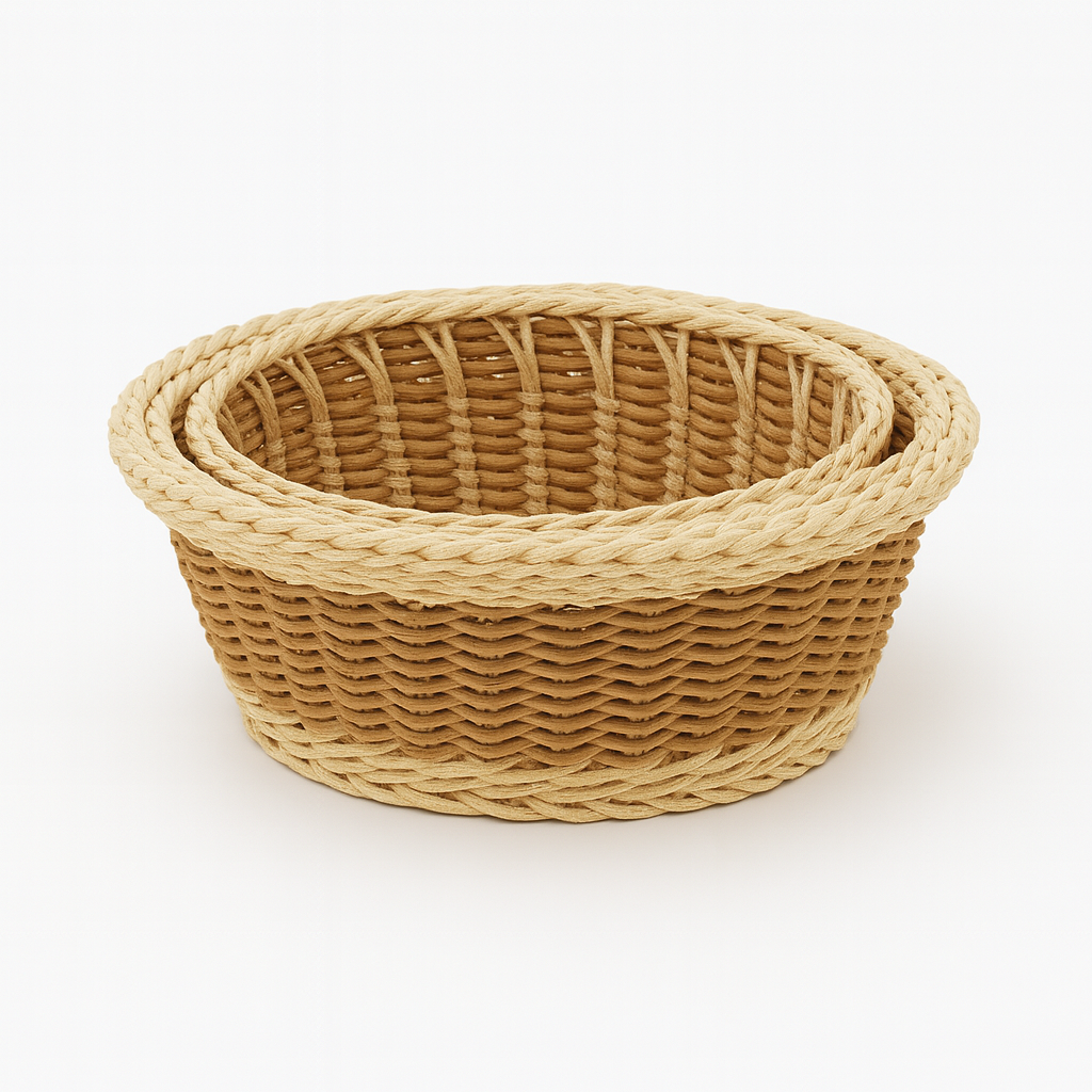 3-Piece Handwoven Round Cane Bread Basket Set – Natural Beige Rattan Serving Baskets for Dining, Kitchen & Restaurant Use