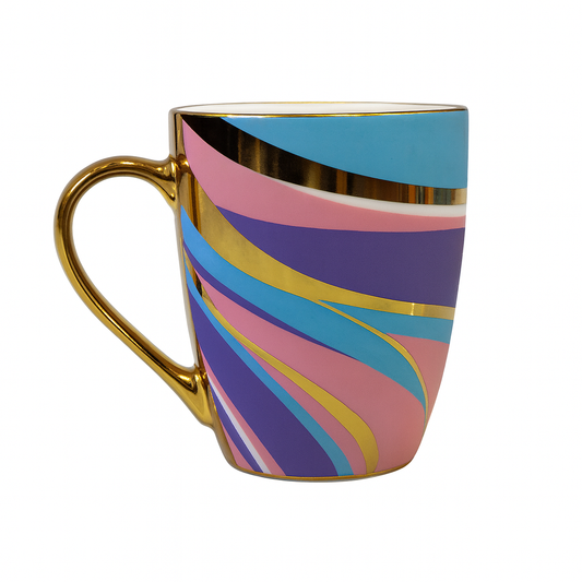 Luxury Abstract Wave Ceramic Mug – Gold Handle Coffee & Tea Cup with Artistic Multicolor Design