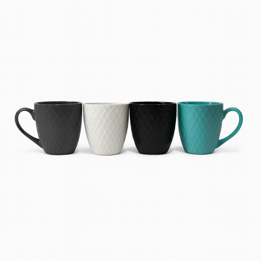 Textured Diamond Ceramic Mug – Modern Coffee & Tea Cup in Black, White, Grey & Teal