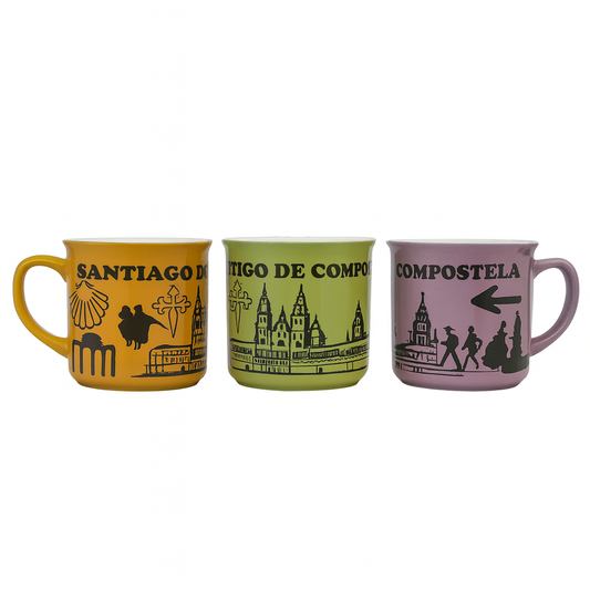 Santiago de Compostela Souvenir Ceramic Mug – Colorful Travel Coffee Cup in Yellow, Green & Pink