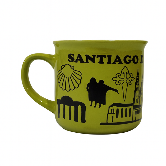 Santiago de Compostela Souvenir Ceramic Mug – Colorful Travel Coffee Cup in Yellow, Green & Pink