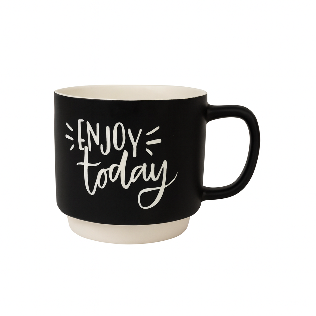 Motivational Ceramic Coffee Mug – “Enjoy Today” Black & White Matte Cup