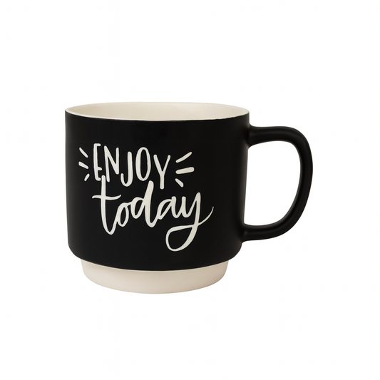 Motivational Ceramic Coffee Mug – “Enjoy Today” Black & White Matte Cup