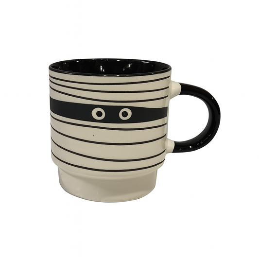 Black & White “Mummy Eyes” Ceramic Mug – Fun Striped Coffee & Tea Cup