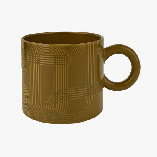 Modern Geometric Ceramic Mug – Matte Mustard Coffee Cup with Round Handle