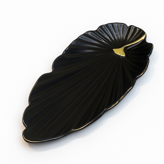 1Pc Black Ceramic Leaf Platter with Gold Detailing – Elegant Serving Plate (Single Piece)