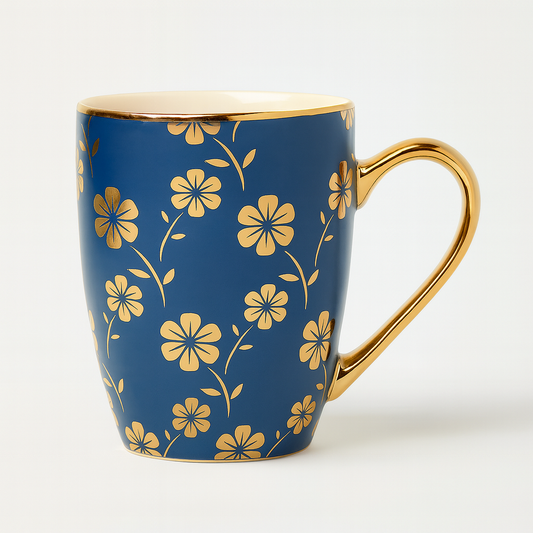 1Pc Ceramic Coffee Mug with Gold Handle – Elegant Floral Print Tea & Coffee Cup Blue